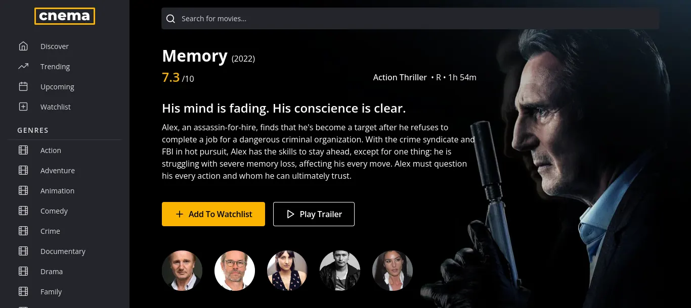cnema dashboard with information on the movie memory (2022)